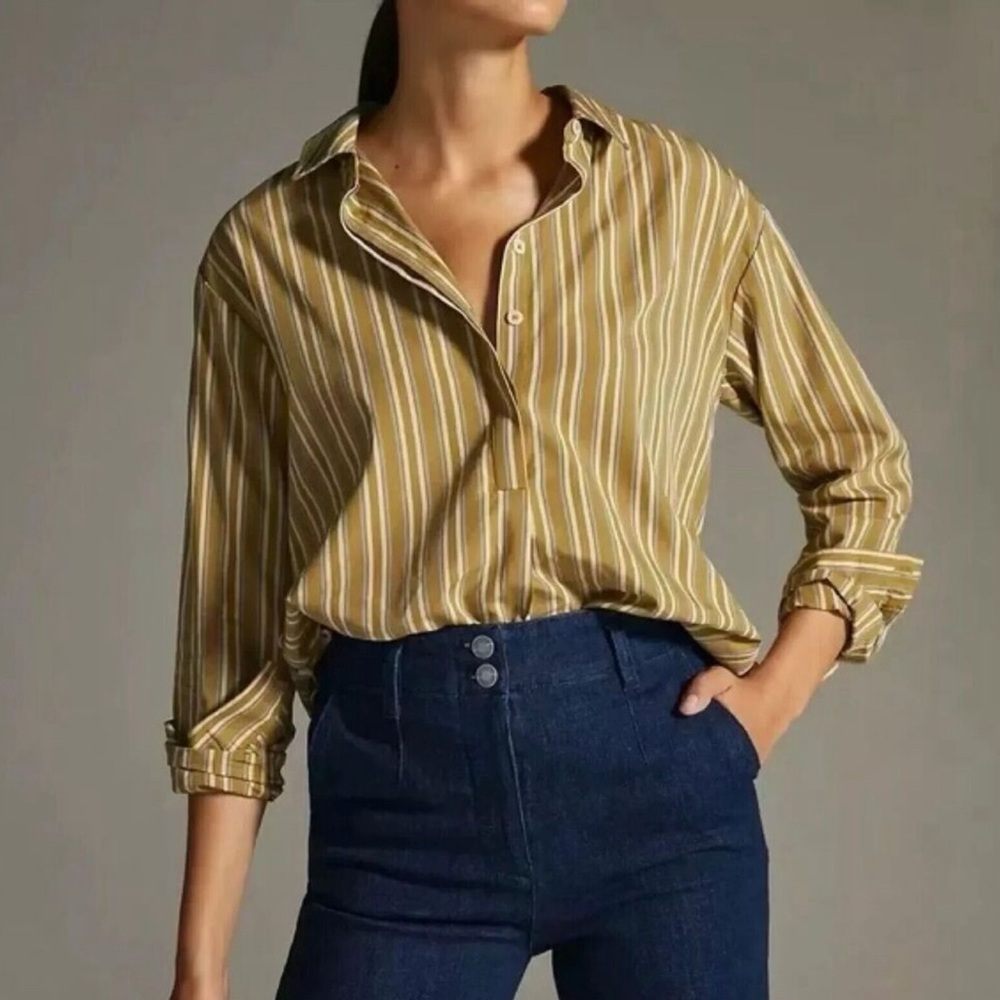 NWT Anthroplogie Tan Blue Striped Tunic Top